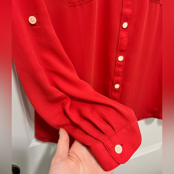 Ann Taylor Loft Red Silky Utility Blouse -Small Petite - Picture 3 of 6